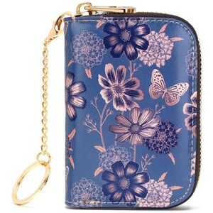 New Blue Floral Butterfly RFID Blocking Credit Card Holder Wallet